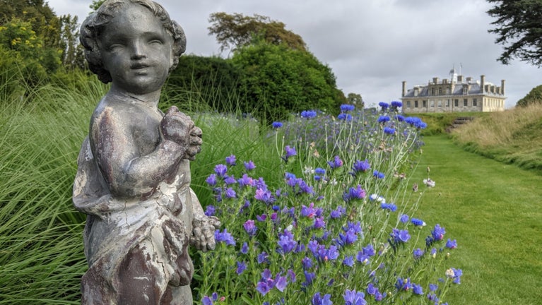 A statue of a child surrounded by loose planting of grasses and wild flowers